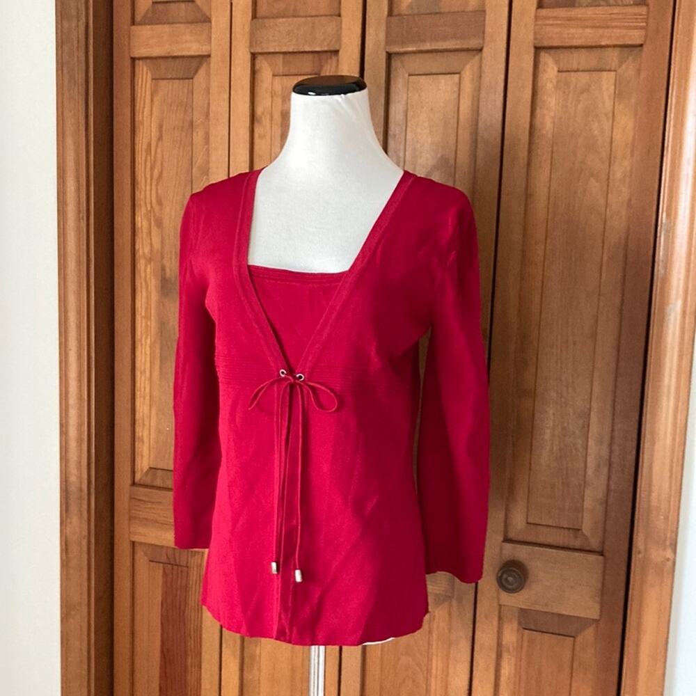 Cable & Gauge Burgundy Pullover Sweater Mimicking Cami & Cardigan, Size S